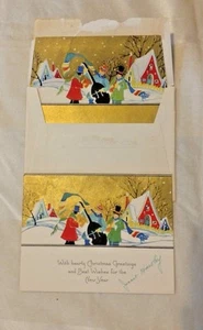 Vintage Weihnachtskarte mit passendem Umschlag 1930 Musiker im Schnee Gold Detail - Bild 1 von 2