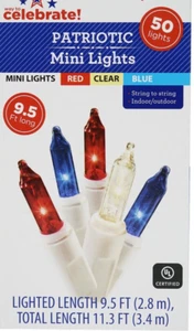 Patriotic Mini Lights Indoor/Outdoor 50 count white wire Way To Celebrate - Picture 1 of 2