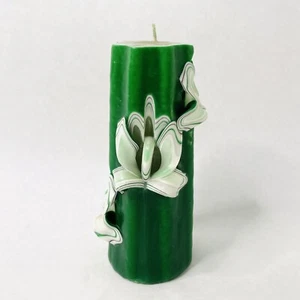 Decorative Christmas Carved Candle Pillar Green & White 6.5 x3 - Picture 1 of 8