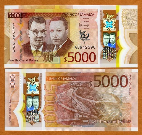 Jamaica, $5000, 2022 (2023), P-W101, UNC Redesigned Polymer Cover