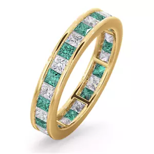 2.20 carat H/Si Princess Diamond & Emerald Full Eternity Ring 18ct Yellow Gold - Picture 1 of 6