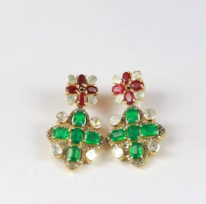 Ruby Emerald Polki Pave Diamond Gold Plated Earrings Vintage Wedding Jewelry - Picture 1 of 12