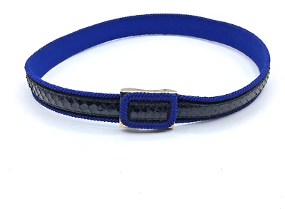Cinto de cintura vintage Guto tom dourado preto pele de cobra fita azul pequeno 26” Áustria - Imagem 1 de 4