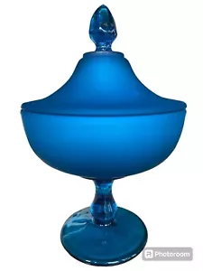 Westmoreland piedistallo vetro sbrinato caramelle coperchio piatto blu scuro retrò composto MCM - Foto 1 di 13