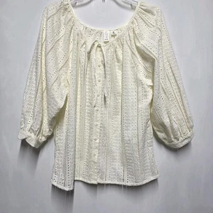 joie Women's Cream Eyelet Lace Button Front Blouse Size M Keyhole Tie 3/4 Sleeve - Picture 1 of 8