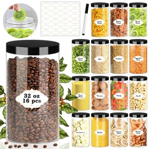 Plastic Jars with Lids, 16 Pcs 32 OZ Large Plastic Storage Jars with Black Le... - Picture 1 of 7