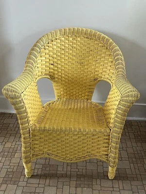 Vintage 80’s Classic Wicker Rattan Arm Chair Tropical Yellow Woven - Image 1 of 4