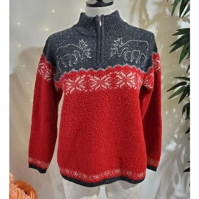 Suéter De Colección Jones New York Deporte Para Mujer Lana Fair Isle Deer 1/4 Cremallera P Esquí Invierno Foto 1 de 4