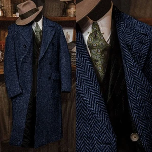 Herringbone Men Overcoats Warm Long Wool Blend Double Breasted Coats Outwear - Picture 1 of 68