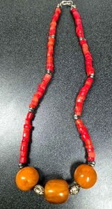 Apple Coral Red Beads w/Carnelian & Silver Beads Necklace 18" - Picture 1 of 4