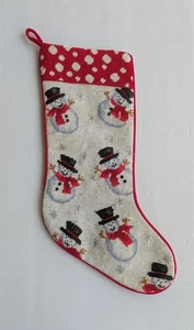 Vintage Wool Needlepoint Christmas Stocking Snowmen Top Hats Silver Snowflakes  - Picture 1 of 5