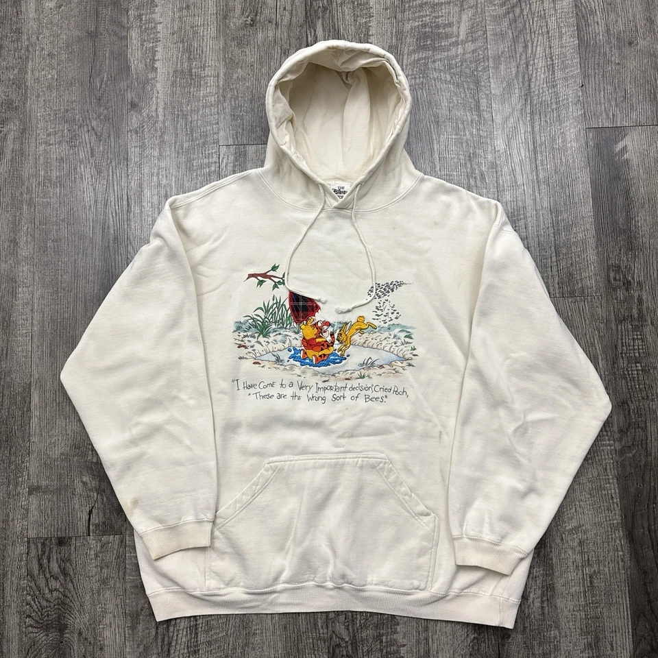 Moletom com capuz bordado vintage anos 90 Disney Winnie The Pooh Tigger marfim G - Imagem 1 de 4