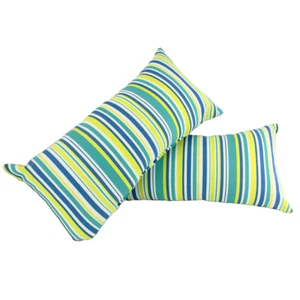 Set of 2 - Turquoise Stripe Polyester Outdoor Rectangle Lumbar Pillows 10" x 19" - Picture 1 of 9