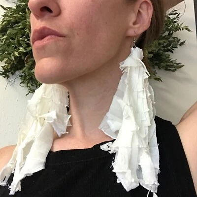 Fringe Earrings Cream White Womens Mummy Costume Ghost Bride Beach Feather Look - Image 1 of 4