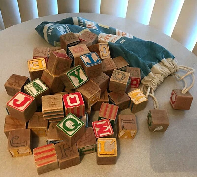 Bloques de madera vintage Halsam Playskool alfabeto/número/imagen, bolsa de tela NO 550 Foto 1 de 4