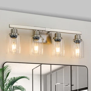 Modern 4-Light Bathroom Vanity Fixture - Brushed Nickel & Clear Glass Shades - Picture 1 of 11