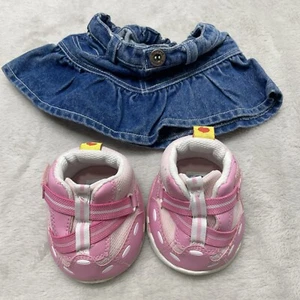 Build A Bear Outfit Denim Jean Ruffle Skirt Pink Skechers Shoes Slip-On No-Tie - Picture 1 of 11