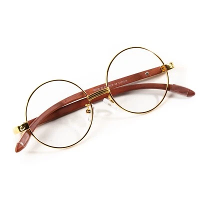 Vintage Men's Round Clear Tint Gold Lens Wood Frame Retro Shades Hip Hop Glasses - Image 1 of 4