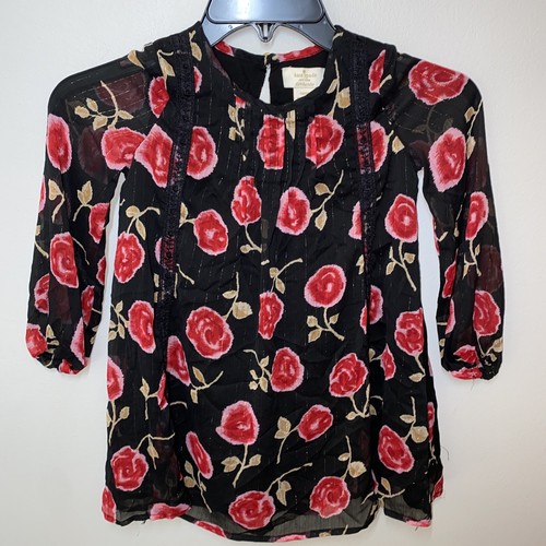 Abito da ragazza Kate Spade taglia 5 rose giovanili su sfondo filo metallico nero