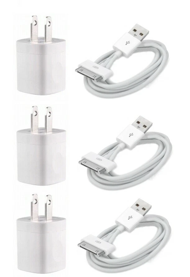 3X White Home Wall AC Charger for iPhone 3/3GS/4/4S Ipod Ipad 1-3 USB Cable Cord - Image 1 of 3