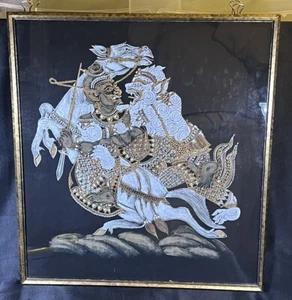 Antique Ramakien Thai Silk Painting Rama And Hanuman Framed 21x18.5” - Picture 1 of 23