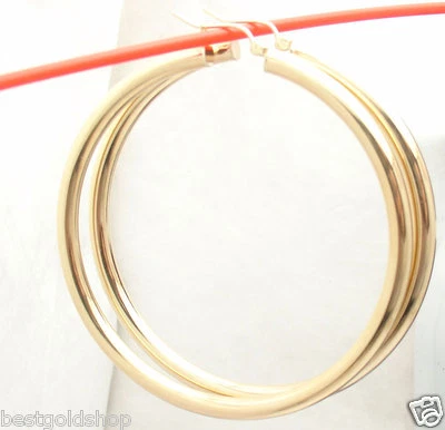 Большие блестящие простые серьги-кольца 2 3/8 дюйма 4 мм X 60 мм из настоящего желтого золота 10 карат  - Изображение 1 из 4
