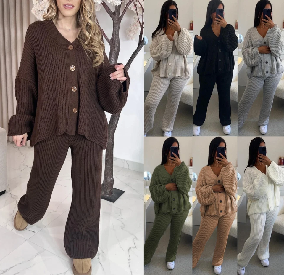Ladies Chunky Knitted Button Up Cardigan Wide Leg Trousers Co ord Loungewear Set - Image 1 of 1