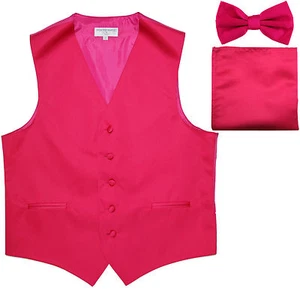 New Men's hot pink formal vest Tuxedo Waistcoat_bowtie & hankie set wedding prom - Picture 1 of 4
