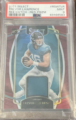 2021 Select Trevor Lawrence RC #RSW-TLR Red Prizm Rookie Swatch PSA 9 Mint - Image 1 of 2