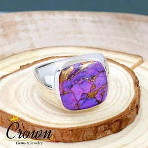 Purple Copper Turquoise Cushion Cut 925 Sterling Silver Mens Ring - Size US 6-14 - Picture 1 of 3