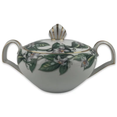 Kent China Orange Blossom Lidded Sugar Bowl VTG White Floral Green Leaves Japan - Image 1 of 4