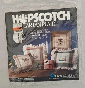 Charles Craft Hopscotch Tartan Plaid Rose/Grey Cross Stitch Fabric14ct 15x15 NIP - Picture 1 of 8
