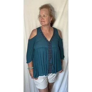 Xhilaration Teal Cold Shoulder Rayon Blouse Top Solid V-neck Casual Womens L - Picture 1 of 5