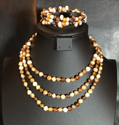 Genuine Natural Pearl Necklace Brown Multi Color Endless Strand +Bracelet 5787 - Image 1 of 4