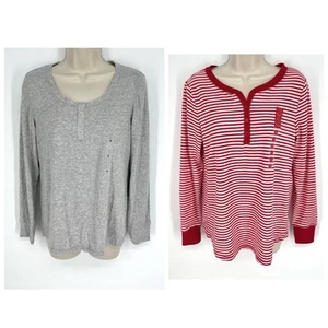 Charter Club NEW 2 Pc Bundle Sleep Shirts Long Sleeves Sz Small Gray Red White - Picture 1 of 10