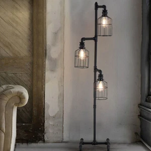 Industrial Wrought Iron 3 Lights Pipe LED Floor Lamp Loft Aged Hotel Light 60'' - Picture 1 of 8