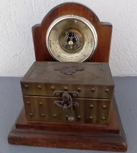 Vintage UNIKAT Messing Truhe mit großem Barometer Made in England auf Holzsockel TOP + - Bild 1 von 9