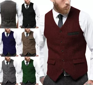 Tailored Mens Tweed Waistcoat Wool Vests Herringbone Vintage Retro Groom Wedding - Picture 1 of 23