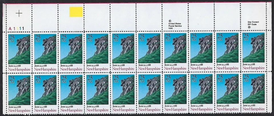 2344 MNH Plate Block of 20, 25-cent stamps - New Hampshire Bicentennial - Image 1 of 1