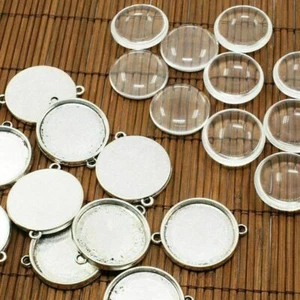 10sets 25mm Glass Cabochon Cover Photo Pendant Tray Connector Antique Silver - Picture 1 of 5