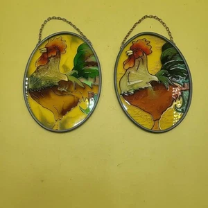 2 pc Hand Painted Glass panel Rooster 3 1/2" x 4 1/2" Suncatcher hanging - Picture 1 of 6
