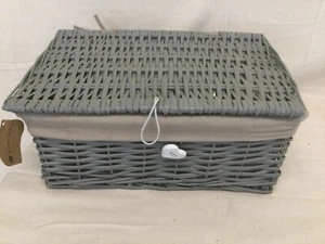 Green Leaves Grey Woven Wicker Rectangle Storage Basket with Liner - Picture 1 of 4