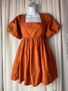MABLE Womens Small Orange Dress 100% Cotton Lined Puff Sleeve Mini Summer Boho - Picture 1 of 13