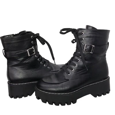 BAMBOO Womens Platform Goth Biker Punk Boots Lace Up Zip High Wedge Heels Sz 10 - Image 1 of 4