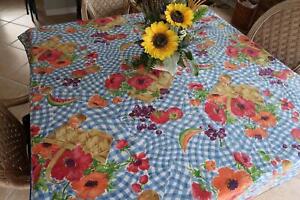 Basket of Poppies & Fruit on Blue & White Checked Tablecloth