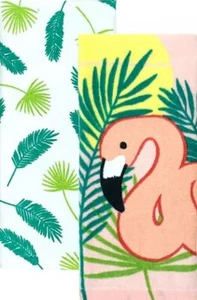 2 DIFFERENT PRINTED KITCHEN COTTON TOWELS (16.5"x26") FLAMINGO & GREEN LEAVES,KO - Picture 1 of 2