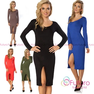 Womens Midi Dress Front Slit Long Sleeve Scoop Neck Party Tunic Sizes 8-12 8186 - Picture 1 of 7