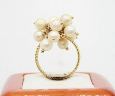 ANILLO DE CÓCTEL ORO AMARILLO 14K PERLAS 5MM 3 FILAS ALAMBRE.HECHO EN ITALIA.TALLA 6 Foto 1 de 4