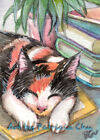 ACEO LE Art Card Print 2.5x3.5 " Cat by the Books " Cute Cat Art by Patricia