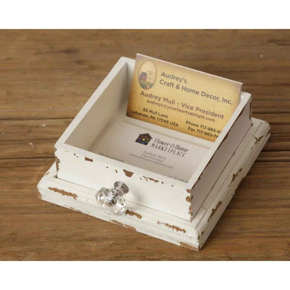 NEW Aged White BUSINESS CARD HOLDER Drawer Farmhouse Chic Cottage Chippy - Image 1 of 1